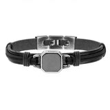 Bransoletka męska na skórzanym czarnym pasku ze stali szlachetnej z czarnym agatem