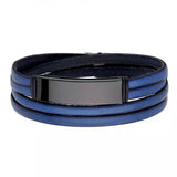 Bransoletka męska potrójna na skórzanym niebieskim pasku ze stali szlachetnej