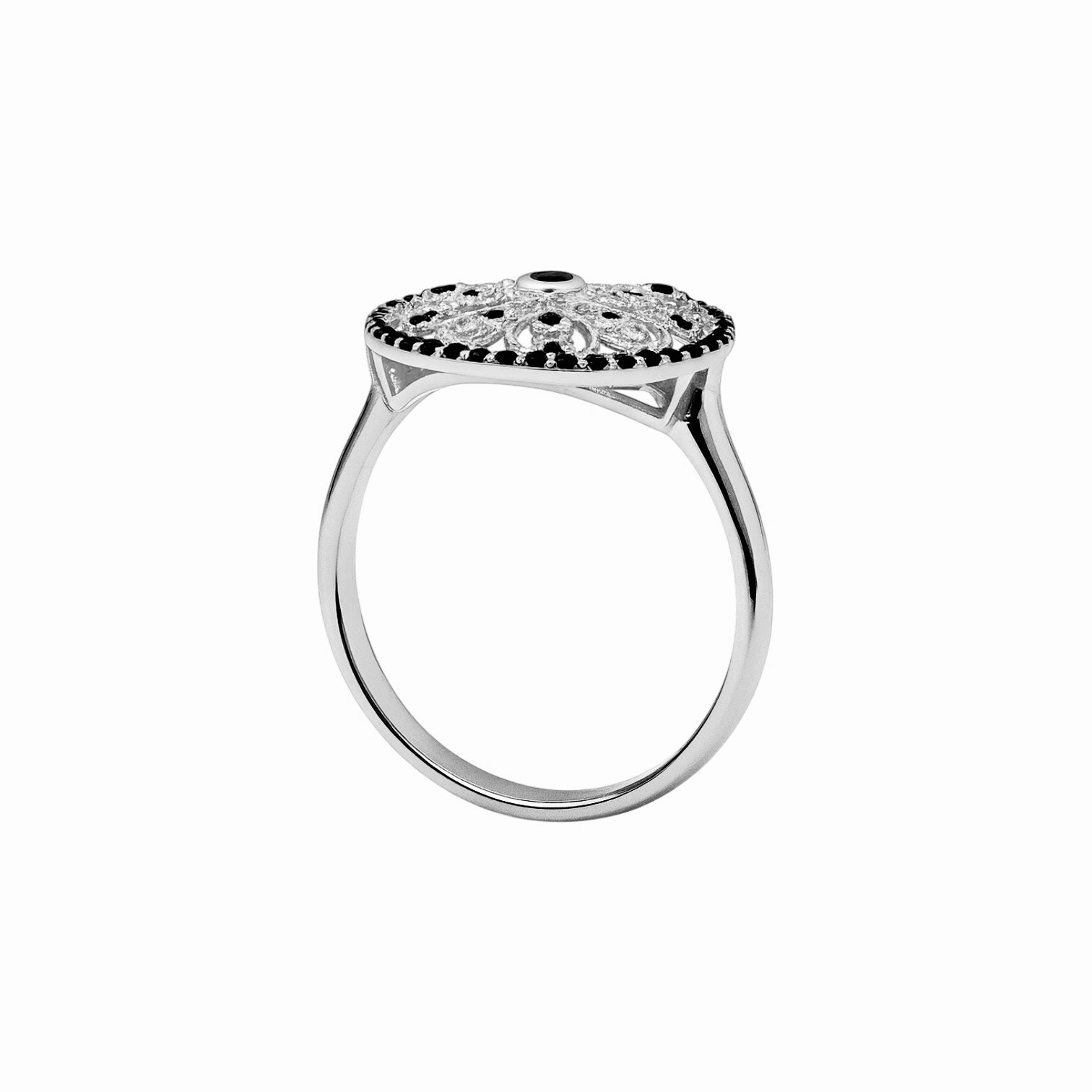 Szeroki pierścionek srebrny ażurowy okrągły z czarnymi cyrkoniami